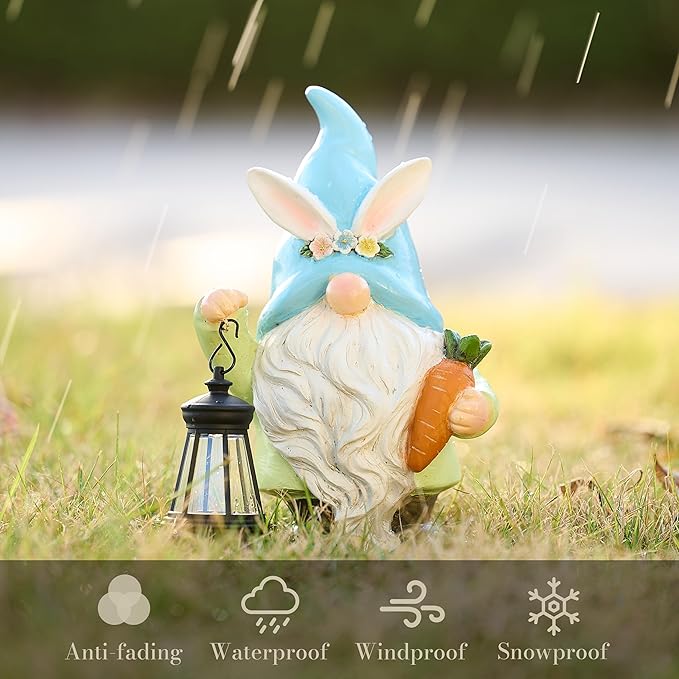 TERESA'S COLLECTIONS Easter Bunny Gnome Decorations with Solar Outdoor Light for Garden Decor, Spring Resin for Outside, Decorations for Patio Home Yard, Ideal Gifts for Dad and Mom, 8"
