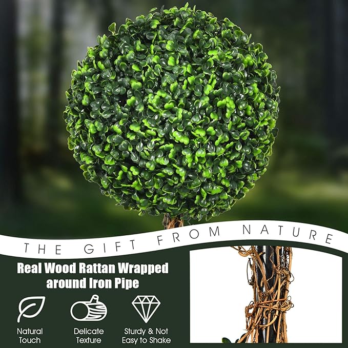 DREAMADE 4ft Topiary Trees Artificial Outdoor/Indoor, Faux Plants Shrub Bushes w/Cement-Filled Retro Pot, Fake Triple Ball Boxwood Topiary Set of 2 for Home, Office, Porch, Front Door, Entrance