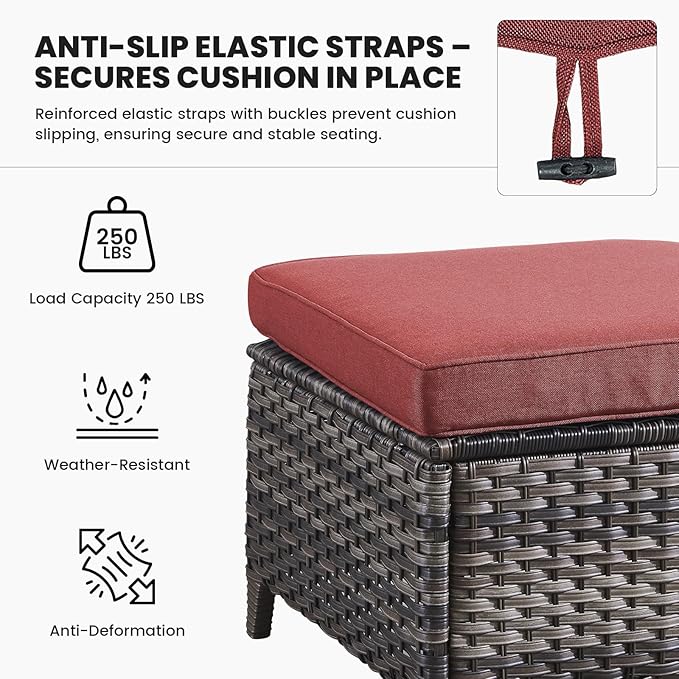 Belord Outdoor Wicker Furniture 5 Pieces Patio Furniture Set Patio Chairs with Ottomans and Side Table Conversation Set for Porch Garden Deck Balcony Poolside Grey Wicker Red Cushion