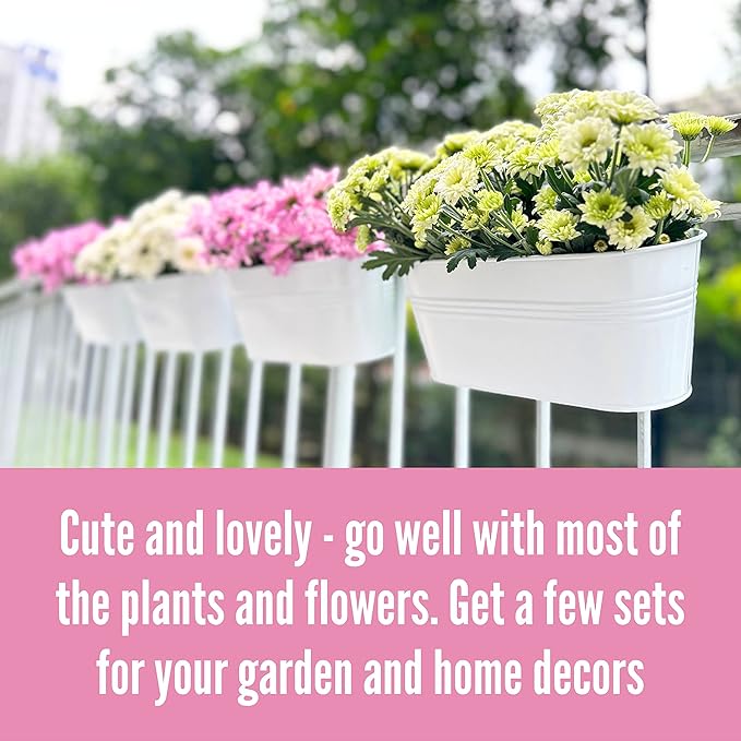 LaLaGreen Rail Planter Outdoor Plants (8 Pack, 11.8 Inch) White Metal Iron Hanging Flower Pots Deck Railings Fence Buckets Modern Countryside Boho Style Wall Mount Window Box Holder Hooks Porch Decor