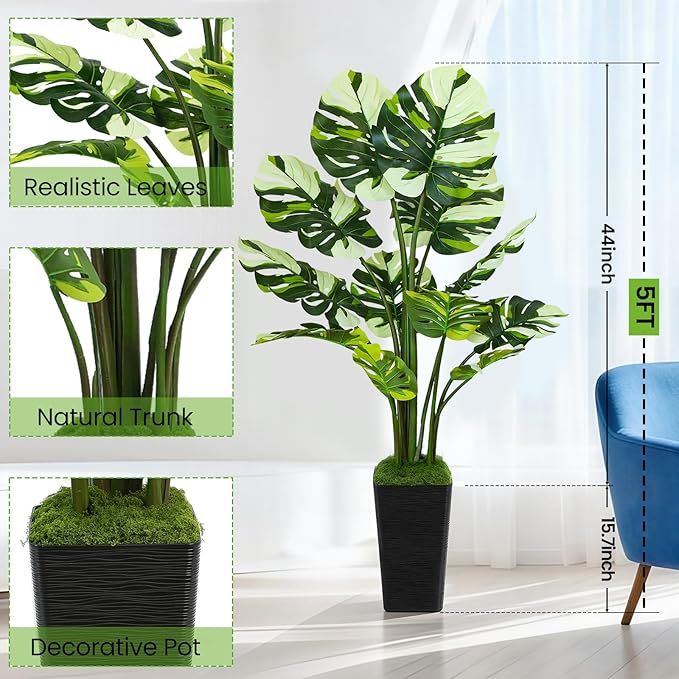 5FT Artificial Monstera Plant with Tall Black Planter and Thread Moss, Realistic Faux Floor Tree with Large White Leaves for Indoor Outdoor Office Porch Living Room Corner Home Decor