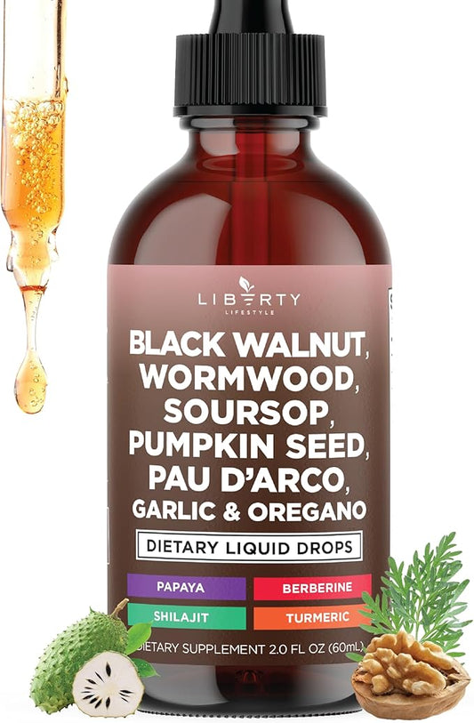 Defend Wormwood Black Walnut Cleanse for Humans Drops Liquid Soursop Garlic Pumpkin Seed PAU D'Arco Oil of Oregano Turmeric Berberine Neem Extract Hull Bark Tincture - 2 OZ