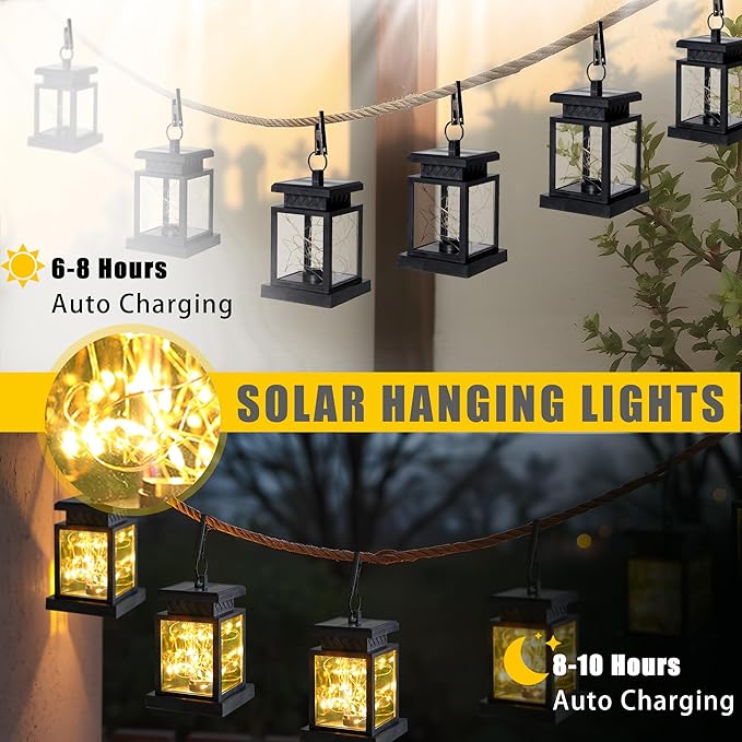 JHY DESIGN Set of 6 Solar Lantern Lights Outdoor Waterproof Solar Powered Table Lamp Hanging Lighting with Warm LED Fairy String Lights for Patio Garden Landscape Decoration Yard Lawn（with Clamp）
