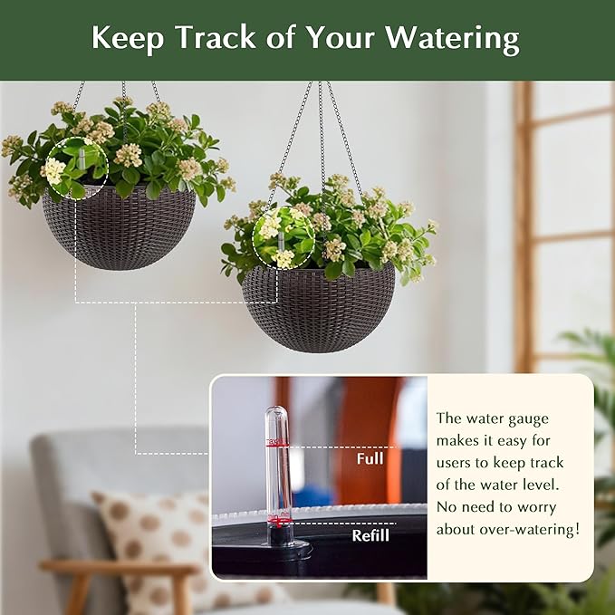 Vigo huseeo 13.5 inch 2Pack Large Hanging Planters for Outdoor/Indoor Plants, Self Watering Hanging Pot with Water Level Indicato, Drainage Holes and Chain for Garden Porch, Brown