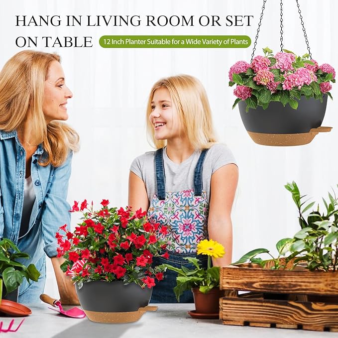 SQKH 12 Inch Hanging Baskets 2 PC with Chains, Self-Watering Hanging Planters for Indoor Outdoor Plants, Plastic Hanging Flower Pots,Black Brown