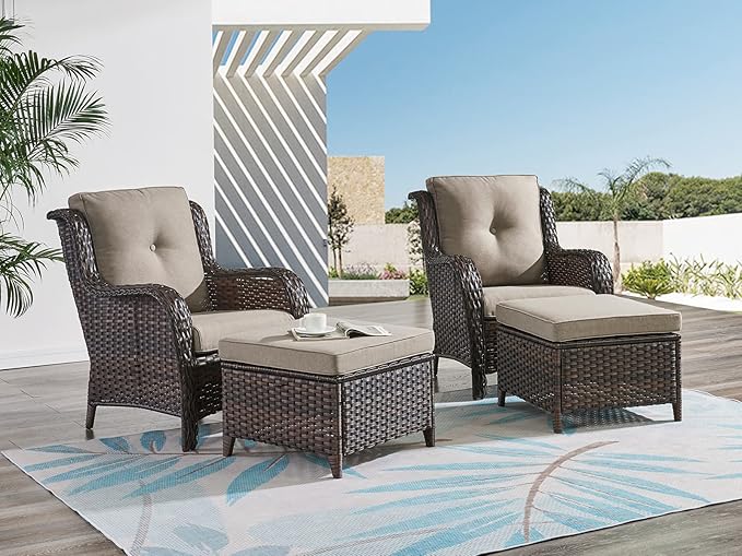 HUMMUH 4 Pieces Patio Bistro Set Wicker Patio Chairs Set of 2 with Ottomans Rattan Outdoor Furniture Conversation Set for Yard,Garden,Porch…