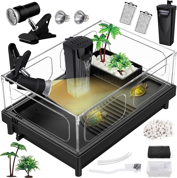 MoonOrange Small Turtle Tank Kit, Acrylic Turtle Tank Starter Kit with Basking Platform, Bottom Drainage, Multi-Function Areas for Turtles, Crabs, Crayfish, Small Reptiles. (Black Kit)