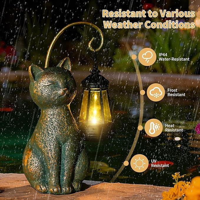 Solar Cat Garden Statue with Hanging Lantern – Waterproof Resin Outdoor Solar Cat Figurine, Decor for Yard, Patio, Balcony – Gift for Cat Lovers or Gardeners