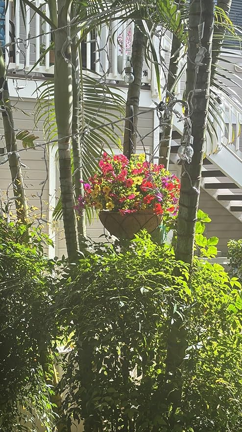 Lamsze Artificial Faux Hanging Plants Flowers Basket for Summer Autumn, Colorful Daisy Flowers Eucalyptus UV Resistant Look Real for Outdoor Outside Porch Decoration