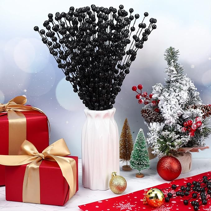 Syhood 200 Pcs Glitter Berry Stems, 13.8 Inches Christmas Berry Picks Holly Branches for Christmas Tree Decorations, Holiday Ornaments Home Decor and DIY Crafts(Glitter Black)