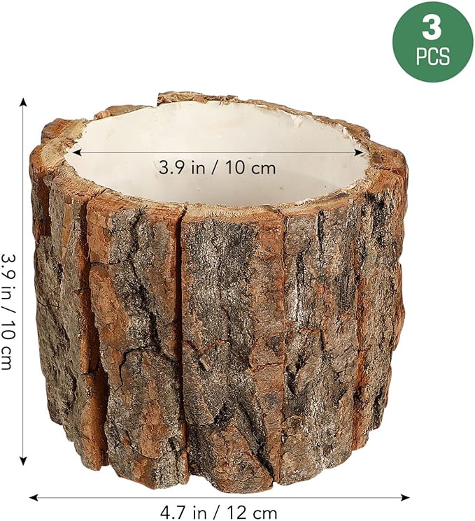 Yardwe 3 Pcs Wooden Flower Pots, Rustic Wood Bark Buckets, Barrels Planters for Garden and Home Decorations, 4.72 X 4.72 X 3.93 Inch