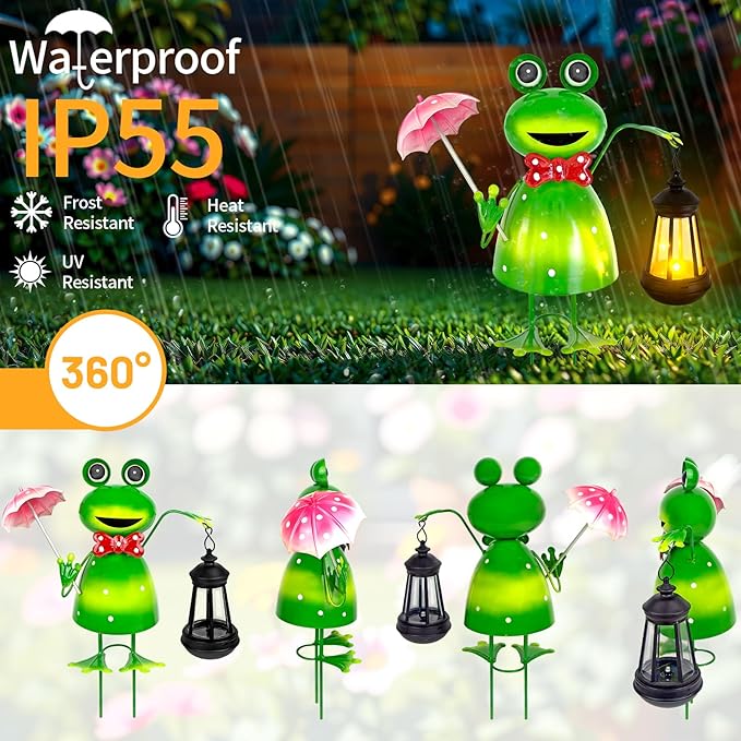 Solar Garden Lights Frog Statue with Solar Lantern Lights,15.62 in Tall Frog Garden Decor,Outdoor Forg Figurines Decorations for Patio Yard Lawn Ornaments Gifts for Birthday Housewarming Mother's Day