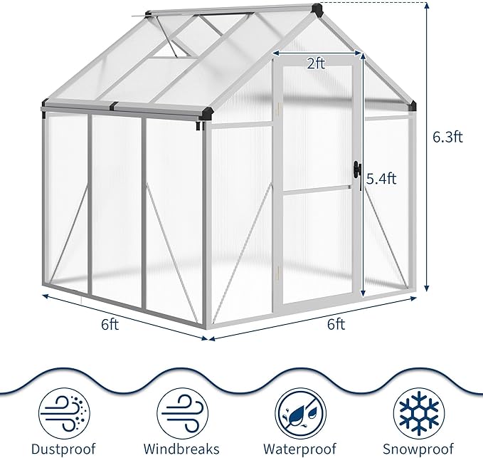 6X6 FT Greenhouse for Outdoors, Polycarbonate Flower Greenhouse with Roof Vent, Push-Pull Lockable Door, Aluminum Walk-in Greenhouses for Outside Garden Backyard, Patio, Lawn, Silver
