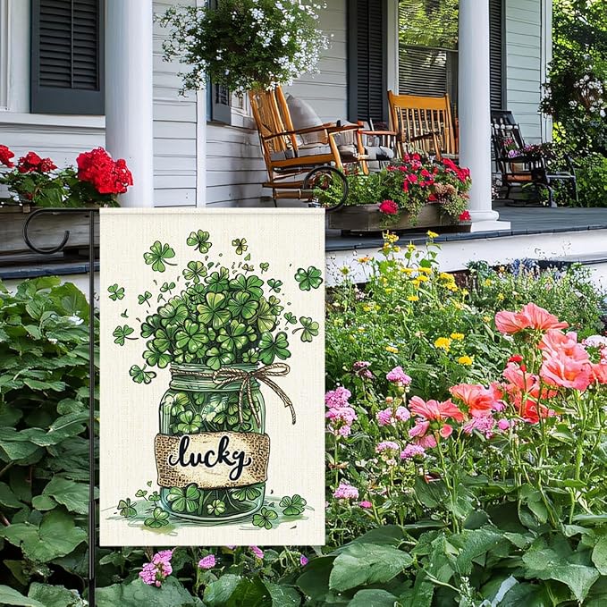 St Patricks Day Garden Flag 12x18 Inch Double Sided,Shamrocks Lucky Outdoor Irish Decor House Porch Flag for St Patrick's Day Party and Yard Decorations