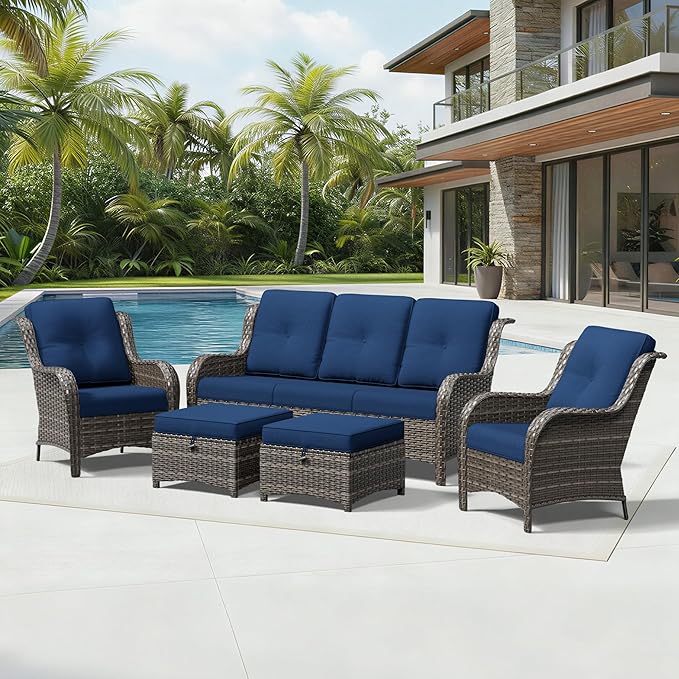 Joyside 5 Piece Wicker Patio Furniture Set, Rattan Patio Chairs with High Back, Deep Seating, Wide Armrest, Thickened Cushions, Outdoor Furniture for Deck, Porch Use