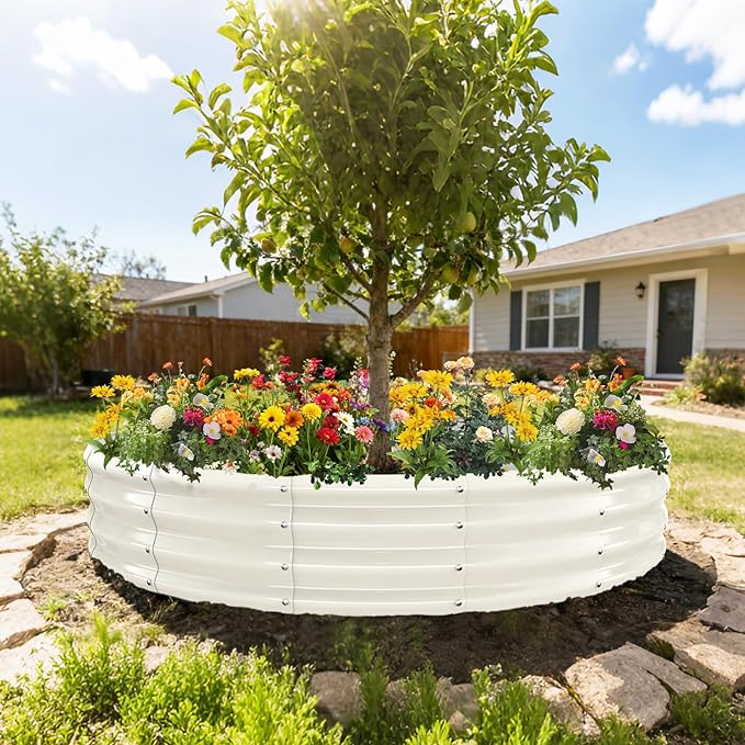 6FT Diameter Galvanized Garden Raised Bed/Plant Box/Fire Pit Ring-0.8mm Thick,12 Inch Tall,Crimped Edge and Corner,No Sharpe,Perfect for Plantings (Cream White, 72 Dia X 12 inches)
