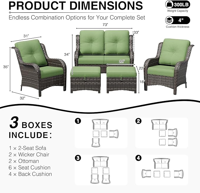 Joyside 5 Piece Wicker Patio Furniture Set, Rattan Patio Chairs with High Back, Deep Seating, Wide Armrest, Thickened Cushions, Outdoor Furniture for Deck, Porch Use