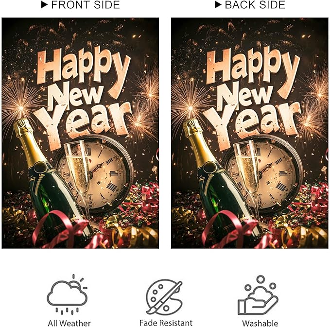 Happy New Year Garden Flag 12x18 Inch Countdown Clock Winter Holiday Yard Decor Seasonal Banner Outdoor Champagne Celebration Lawn Sign Double Sided Polyester For Girls or boys gifts