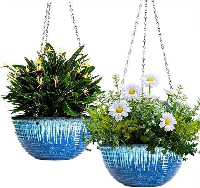 LESOASIS 12 inch Large Hanging Planters for Indoor Outdoor Plants, Set of 2 Glazed Hanging Flower Pots with Drainage Hole, Hanging Baskets for Garden Home Porch Decor