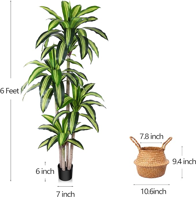 Ferrgoal Artificial Plants, 6 Ft Dracaena Tree Faux Plants Indoor Outdoor Decor Fake Tree with Woven Seagrass Basket Plants for Home Decor Office Living Room Porch Patio Housewarming