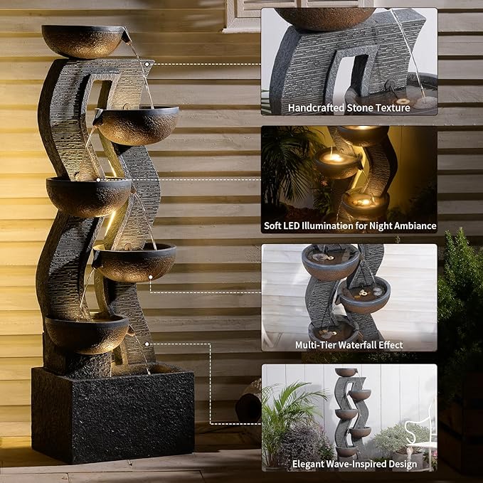 52.8" Tall Outdoor Water Fountain and Waterfall with LED Lights, Cascading Bowl Garden Waterfall Fountain for Patio, Garden, or Porch Decor – Large Freestanding Resin Water Feature for Backyard