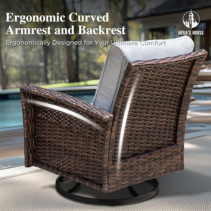 HERA'S HOUSE High Back Outdoor Swivel Chairs with 5.5" Thick Cushions, Wicker Rattan Patio Chairs Set of 2, Porch Deck Balcony Backyard Furniture, Grey