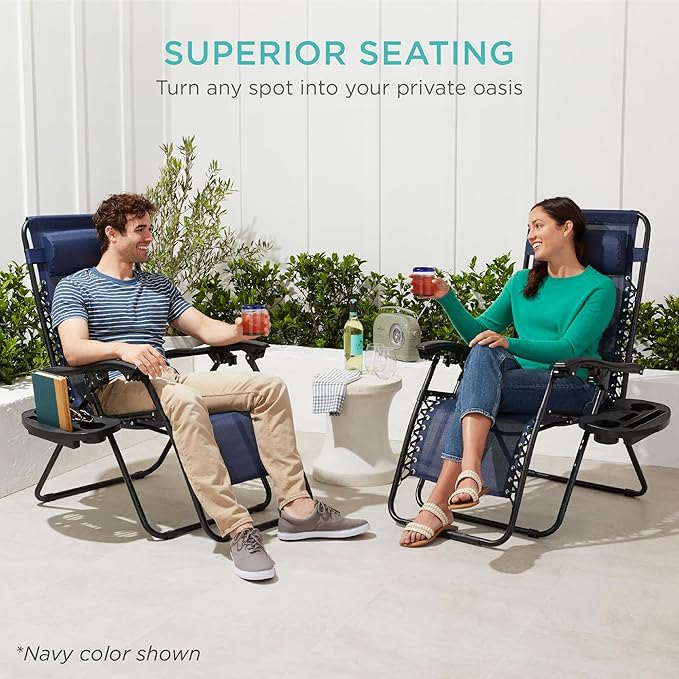 Best Choice Products Set of 2 Adjustable Steel Mesh Zero Gravity Lounge Chair Recliners w/Pillows and Cup Holder Trays - Mediterranean Blue Striped