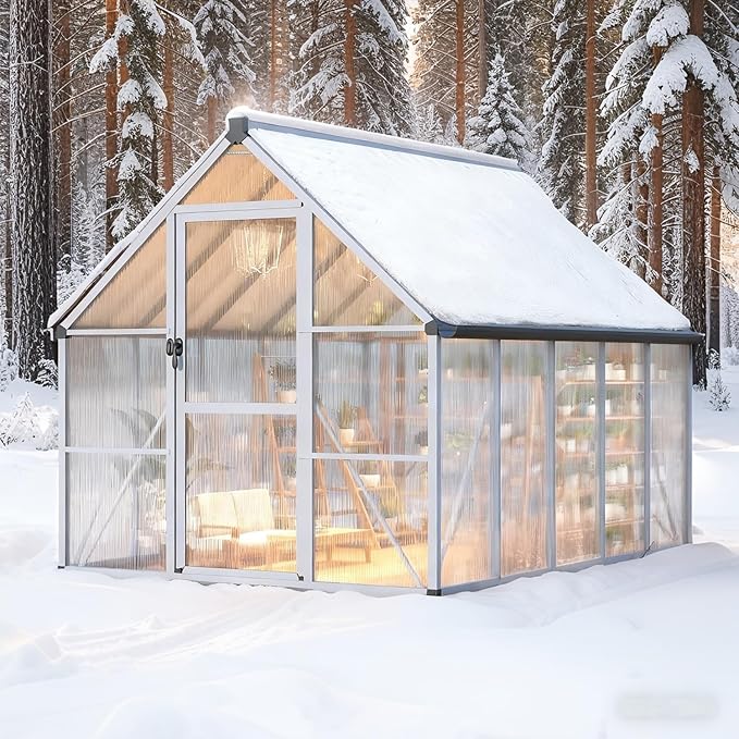 8x10ft Outdoor Greenhouse, Green Houses for Outside Walk-in Kit with Roof Vent, Polycarbonate Greenhouse for Winter & All Season Use, Heavy Duty Aluminum Frame