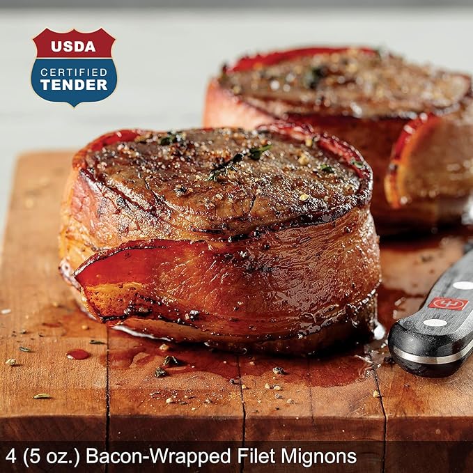 Omaha Steaks Deluxe Package, Gift-Ready or Stock Up, 21 items,12 entrees - 4 Bacon-Wrapped Filet Mignons, 4 Steak Burgers, 4 Gourmet Jumbo Franks, 4 Au Gratin Potatoes, 4 Caramel Apple Tartlets, 1 jar Omaha Steaks Seasoning