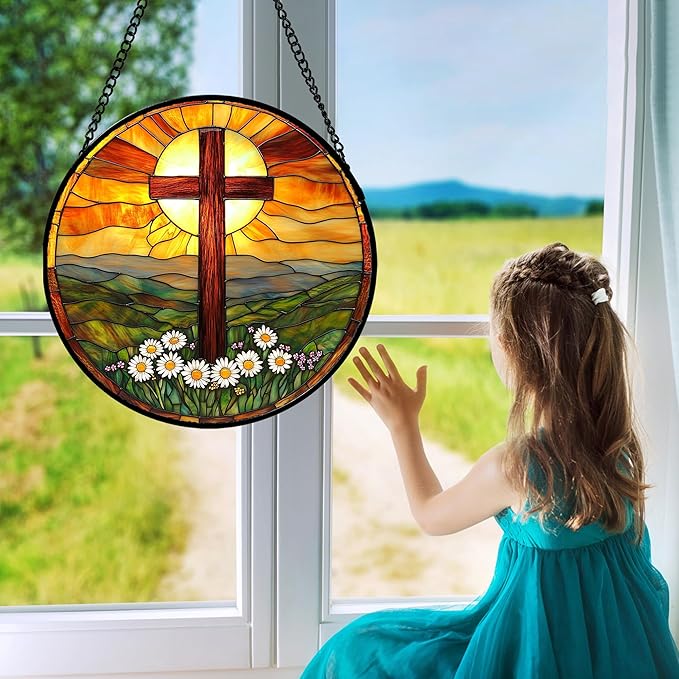 JOSUMALY Christian Gifts for Women - Cross Stained Glass Window Hanging Easter Daisy Natural Landscape Sun Catcher Garden Religion Decor Mother's Day Catholic Gift for Men Grandma Mom Her Nana 7.8"