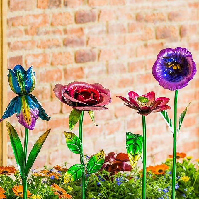 Voltogar 28.5" H Large Flower Stake Metal Decoration for Garden Set of 4, Plant Pick Art Ornaments Waterproof Stake for Lawn Porch Pathway Patio Flower Bed, Yard Outdoor Ornaments(Red & Purple & Blue)