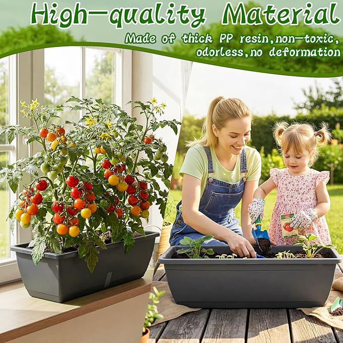 8 Pack 24 Inches Plastic Flower Window Box Planters with Water Absorbing Net Drainage Holes & Visible Water Level Window, Rectangular Vegetable Flower Pots for Indoor Outdoor Garden(Gray)