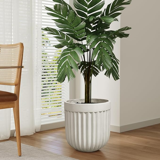 Round Planter with Vertical Ribs, 12 Inch Large Plant Pots with Drainage Hole, Modern Planters for Indoor Outdoor Plants, Home Decor, White