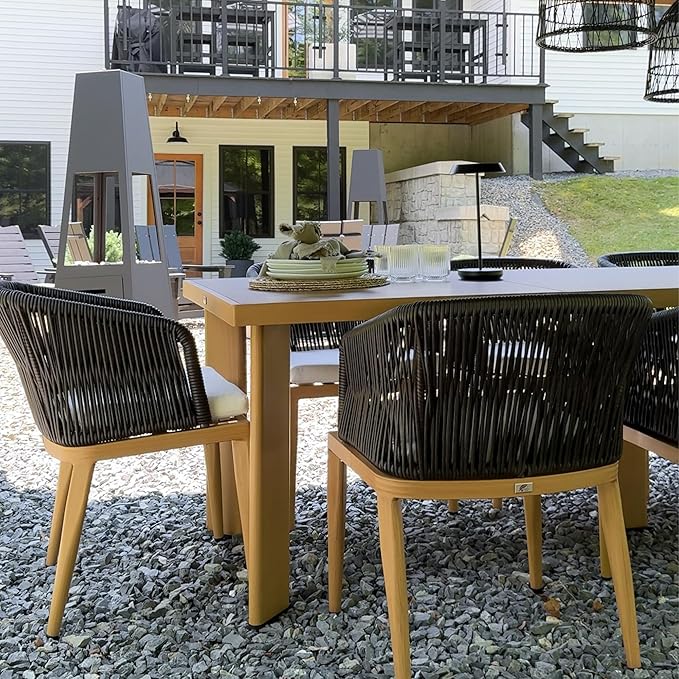 PURPLE LEAF 2 Pieces Outdoor Dining Chair All-Weather Wicker Aluminum Frame Patio Dining Chair for Lawn Garden Backyard Deck with Cushion, Teak Armchair