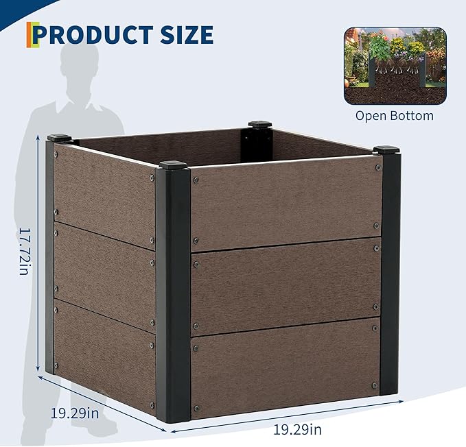 GarveeLife 19" x 19"x 17" Wood Look Raised Garden Bed Without Bottom, Outdoor Planter Box for Vegetables & Herbs, Durable Composite Deep Root Bed for Vegetables, Flowers in Backyard, Patio