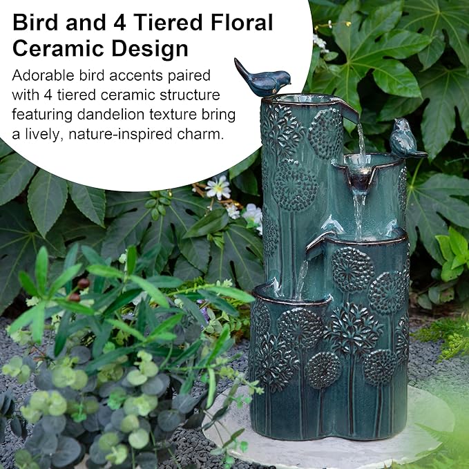 Glitzhome 27" H Outdoor Water Fountain with LED Light, Pump & Adapter, 4-Tier Turquoise Dandelion Vase Ceramic Cascading Garden Fountains Waterfalls with Birds, for Porch Deck Patio Backyard