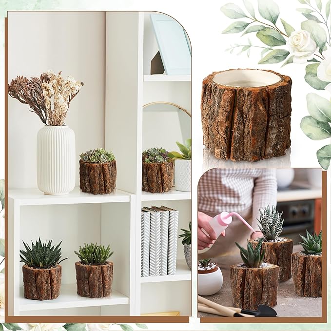 6 Pcs Wooden Vase for Centerpieces Woodland Table Decor Wooden Flower Vase Rustic Bark Stump Buckets Vintage Wood Planter Pots for Garden Party Wedding Window Home Farmhouse (Small)
