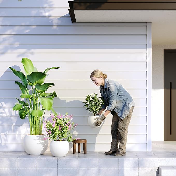 DTY Signature Mount Sherman 19.7''D x 21.7''H Modern Indoor Outdoor Fiberstone Sphere Planter, Durable Round Garden Pot, Weather Resistant, Drainage Hole & Rubber Plug - Large, White