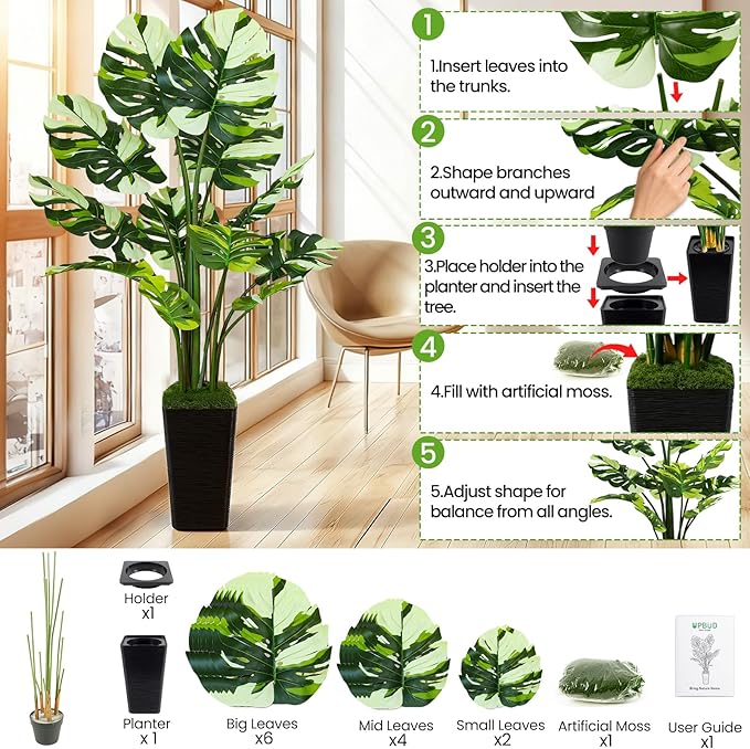 5FT Artificial Monstera Plant with Tall Black Planter and Thread Moss, Realistic Faux Floor Tree with Large White Leaves for Indoor Outdoor Office Porch Living Room Corner Home Decor