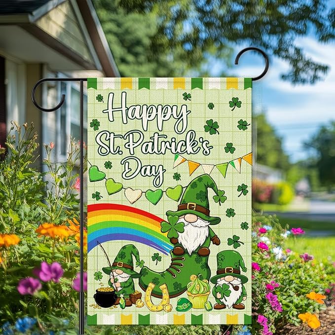 Happy St Patricks Day Garden Flag 12x18 Inch Double Sided,Gnome Lucky Shamrocks Outdoor Irish Decor House Porch Flag for St Patrick's Day Party and Yard Decorations