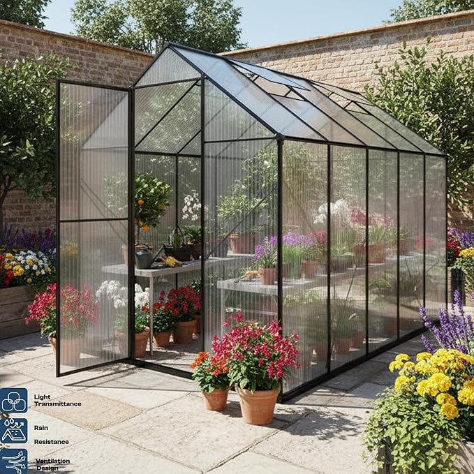 Kingdura 6x10ft Walk-in Greenhouse for Outdoors, Large Polycarbonate Greenhouses with Heavy Duty Aluminum Frame, Adjustable Roof Vent, Lockable Door, UV Protection for Outside Garden Backyard