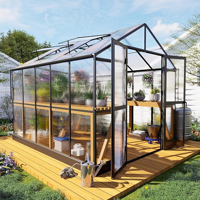 HOWE 8x10x7.5 FT Polycarbonate Greenhouse Double Swing Doors 2 Vents 5.2FT Added Wall Height, Walk-in Large Aluminum Sunroom Winter Greenhouse for Outdoors, Black