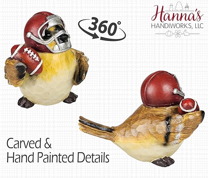 Hanna's Handiworks Little Sparrow Birds with Footballs & Helmets - Resin Statues Home Decor for Indoor Tabletop/Outdoor Covered Garden - for Sports Centerpiece Displays, Parties, Gifts - Set of 3