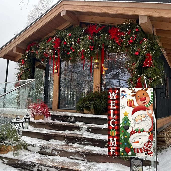 Welcome Christmas Garden Flag Santa Claus, snowman, reindeer12x18 Double Sided Vertical Outdoor Flag for Outside Xmas Farmhouse Flag Winter Holiday Yard Lawn Garden Banner (Welcome Christmas)