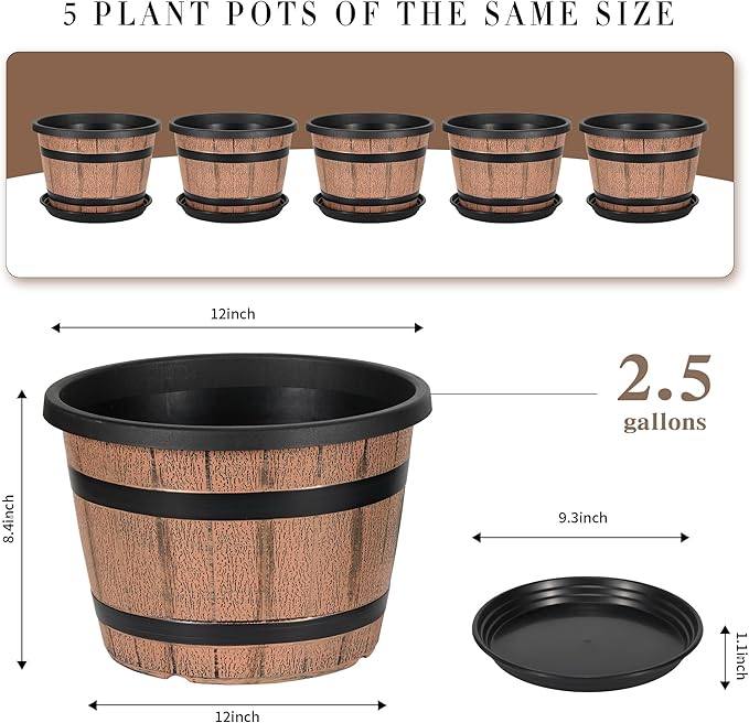 WEICHENGXING 12 Inch Whiskey Barrel Planters with Drainage Holes & Saucer, 5 Pack Plastic Plant Pots with Wine Barrel Design, Flower Pots for Indoor Outdoor Balcony