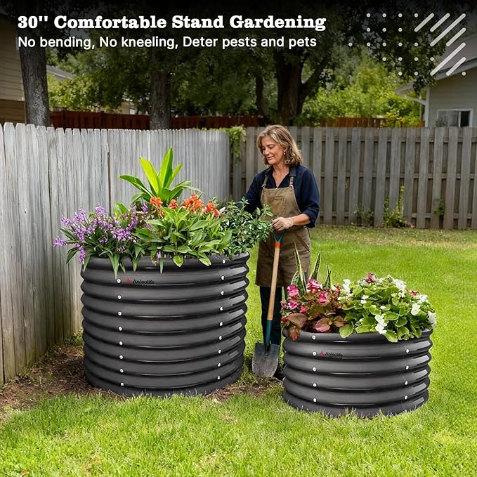 A ANLEOLIFE 30" Extra Tall Galvanized Raised Garden Beds Outdoor, 3x2.5ft Round Metal Planter Boxes for Planting Vegetables, Flowers, Fruits, Eco-Safe & Easy Setup, Quartz Grey