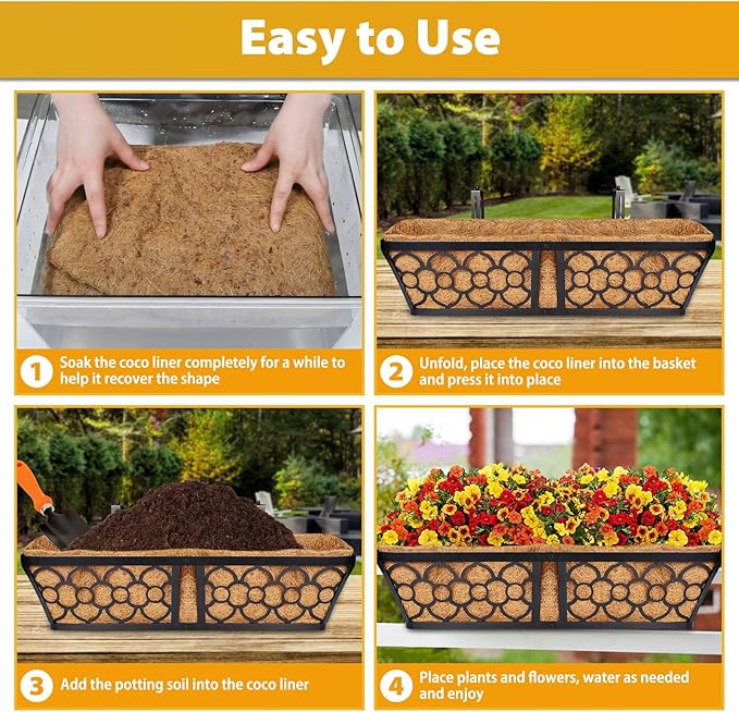 Legigo 2 Pack 24 Inch Square Coco Liners Planter Baskets Liner- Natural Coconut Coir Fiber Liner Replacement, Window Box Liners Trough Coconut Liners for Wall Planter Garden Deck Fence Flower Baskets