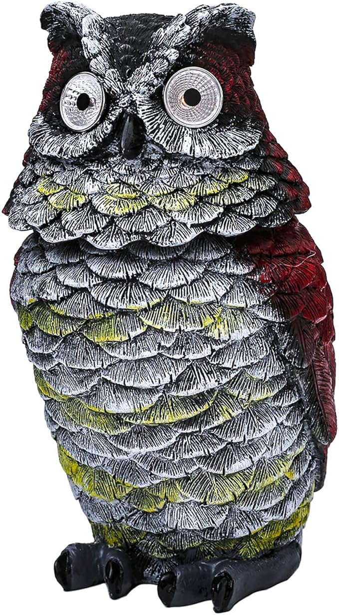 Owl Outdoor Statue with Solar Light Garden Decoration Gift for Patio, Backyard & Lawn, Owl Waterproof Resin Sculpture Ornament with Glowing Eyes, 8.3" H
