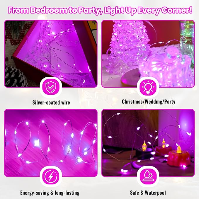 ZSJWL 30 Pack Pink Fairy Lights Battery Operated,7Ft 20LED Mini String Light, Waterproof Twinkle Light Silver Copper Wire Lights for Wedding Party Bedroom Christmas Table Decoration