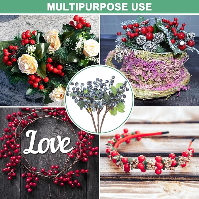 3-Pack Artificial Berry, 9.8 Inch Faux Holly Berry Foam Faux Frosted Berries with Stems for Home/Wedding/Christmas/DIY/Party/Garden/Office [Blueberry]
